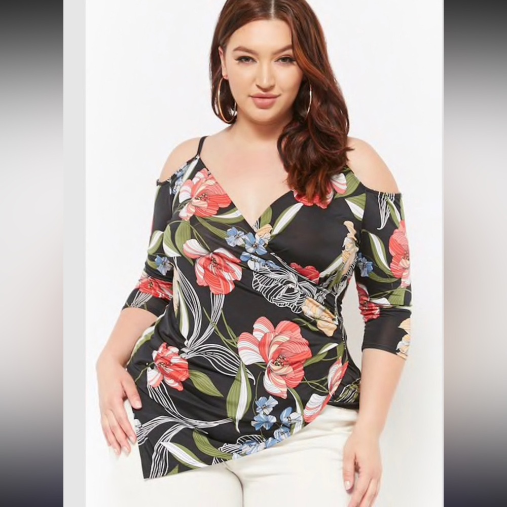 Plus size floral open-shoulder top